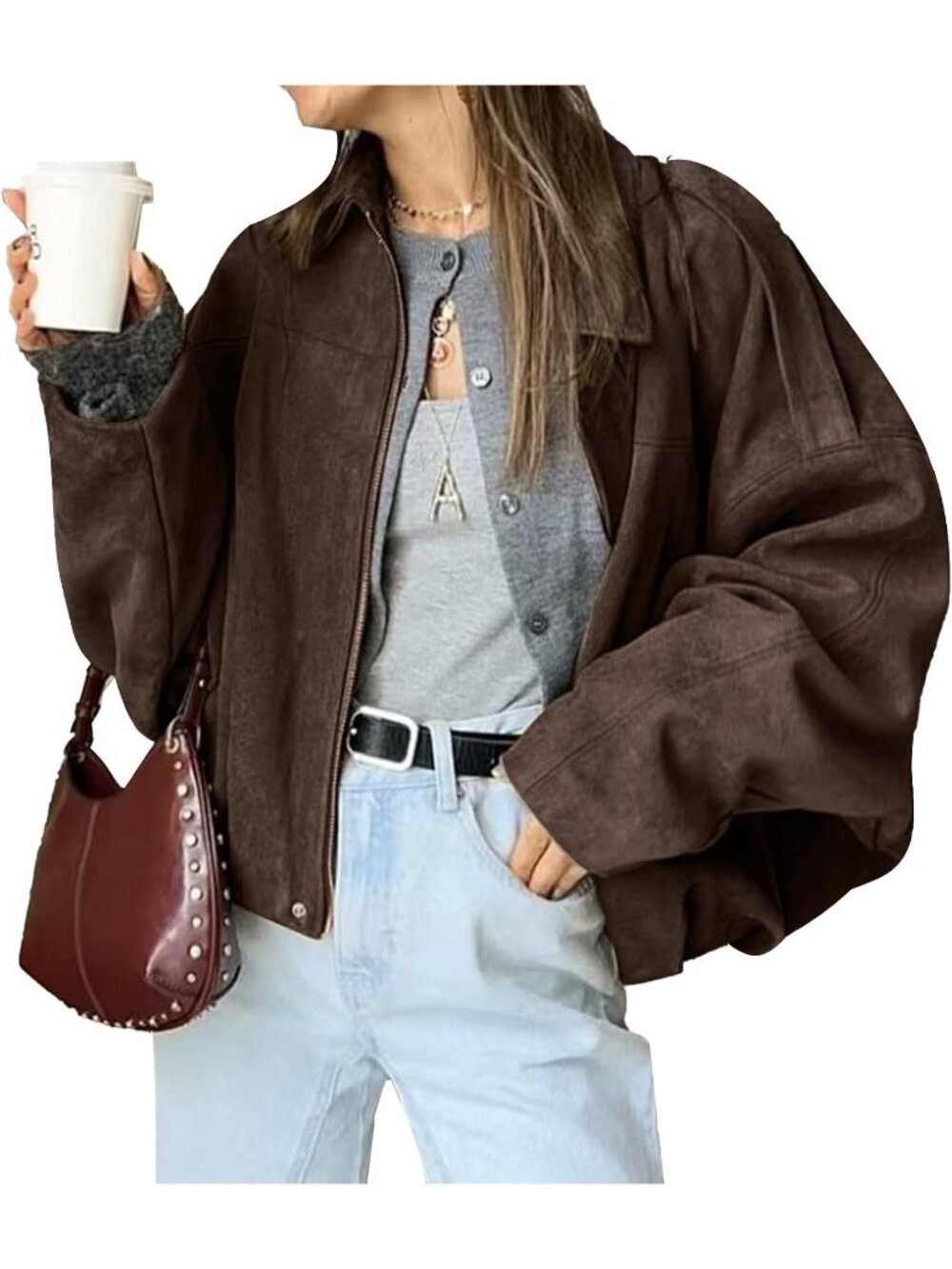 Women's Coffee Oversized Faux Suede Collared Hidden Zipper Pilot Bomber Jacket